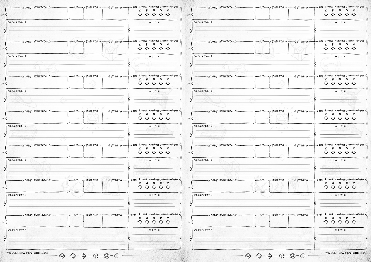 Tieni traccia dei tuoi incantesimi e trucchetti durante le sessioni di D&D 5e. Perfetto da stampare e usare al tavolo!